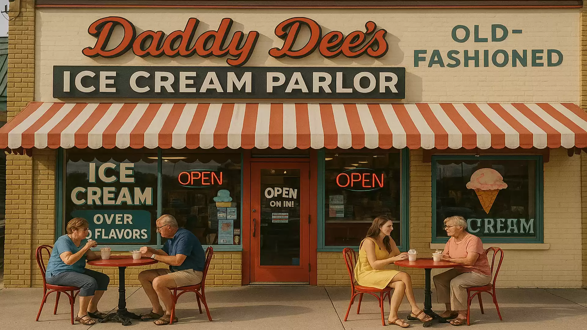 Exterior view of a traditional ice cream parlor with a striped awning and several people eating ice cream outdoors.