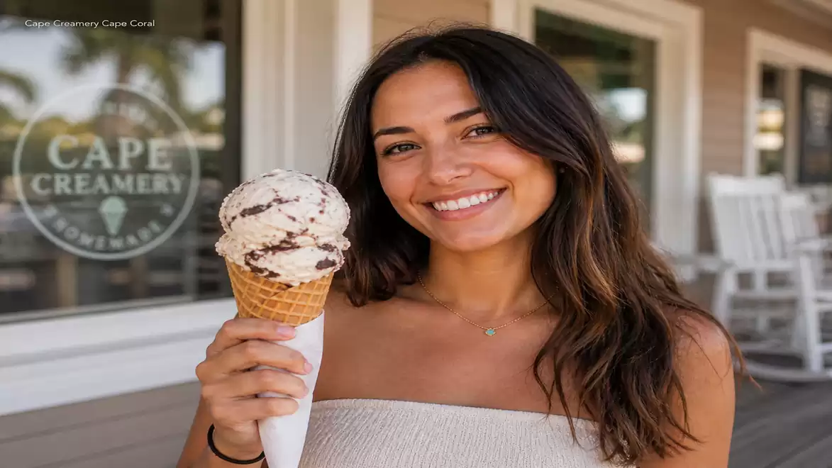 Woman smiling and holding a large ice cream in front of an ice cream shop.