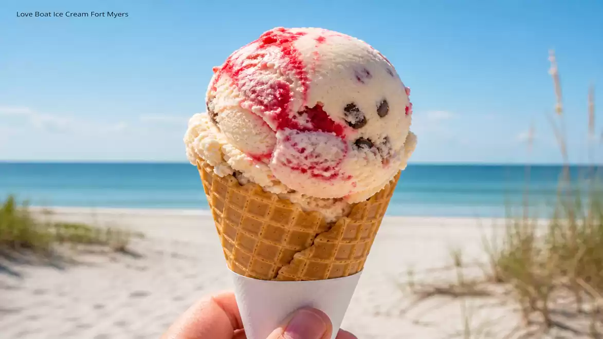 Ice cream cone with a scoop of ice cream in front of a beach background with blue sky and sea.