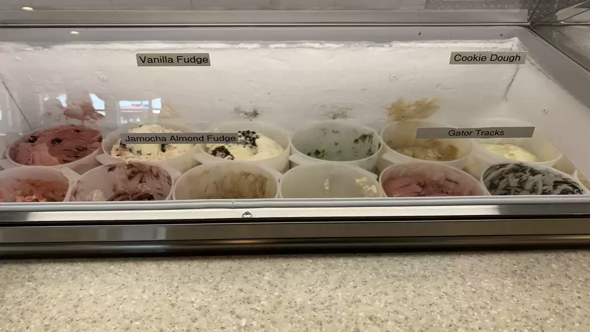 Ice cream selection in a display case, including flavors like Vanilla Fudge and Cookie Dough, presented in white containers.