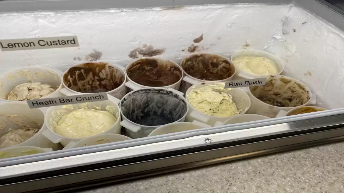A selection of ice cream flavors in a freezer, including Lemon Custard, Heath Bar Crunch, and Rum Raisin.