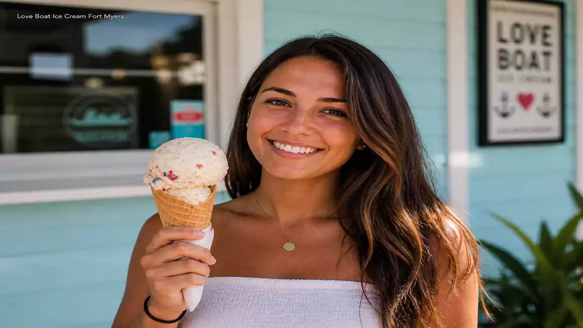Young woman enjoying an ice cream in front of a light blue building.