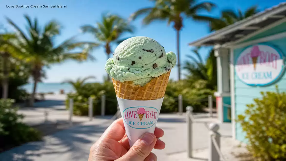 Hand holding an ice cream cone with green ice cream, under palm trees and a blue sky at Love Boat Ice Cream on Sanibel Island.