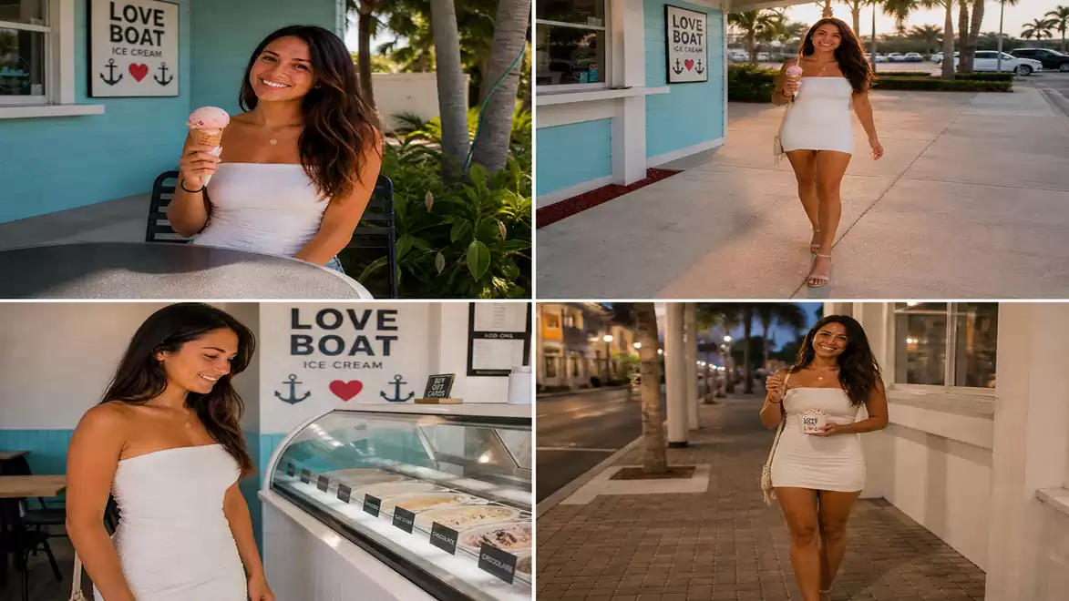 Woman in a white dress enjoying an ice cream outside an ice cream shop on a sunny day.