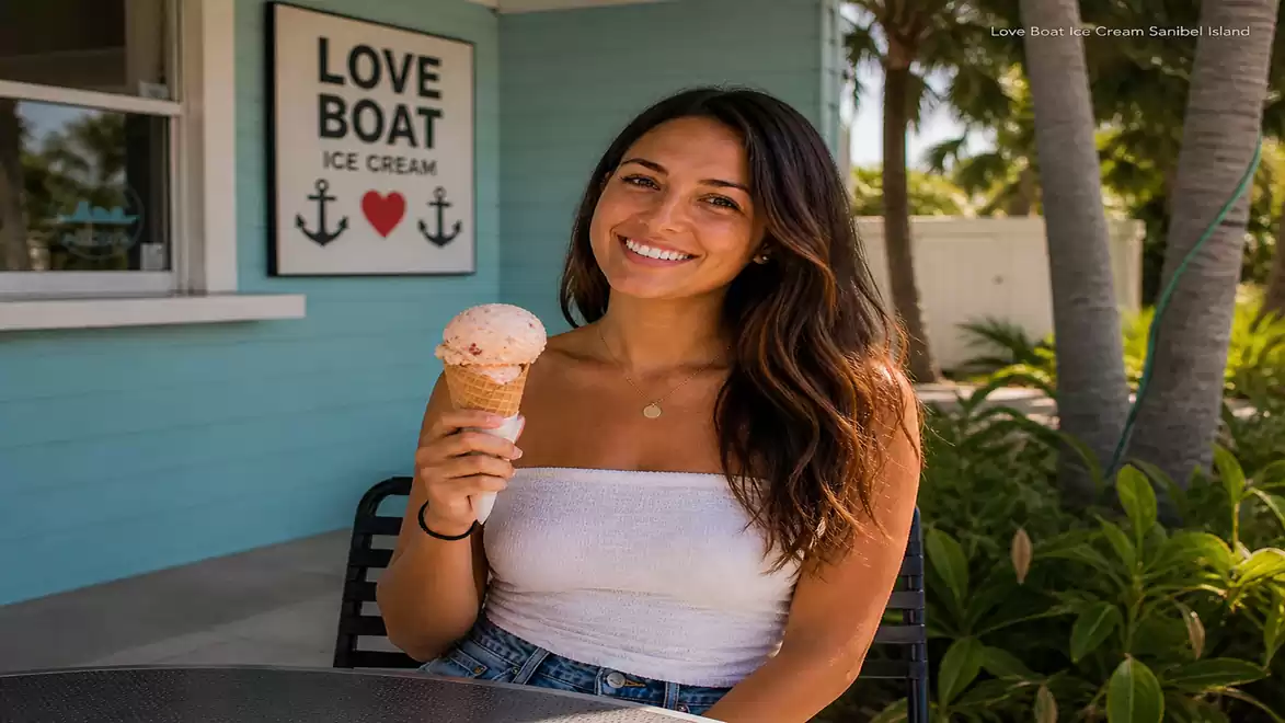 A smiling woman in a white top sits outside a blue ice cream shop holding an ice cream cone.