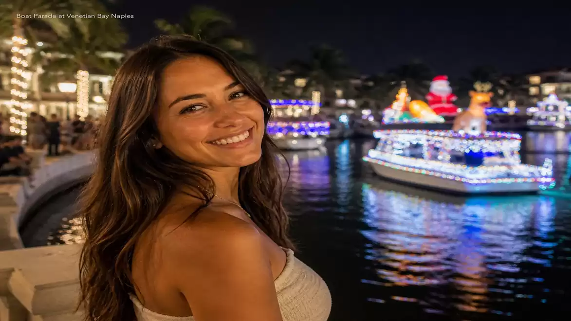 Woman smiling in the evening in front of a festively lit water canal with decorated boats.