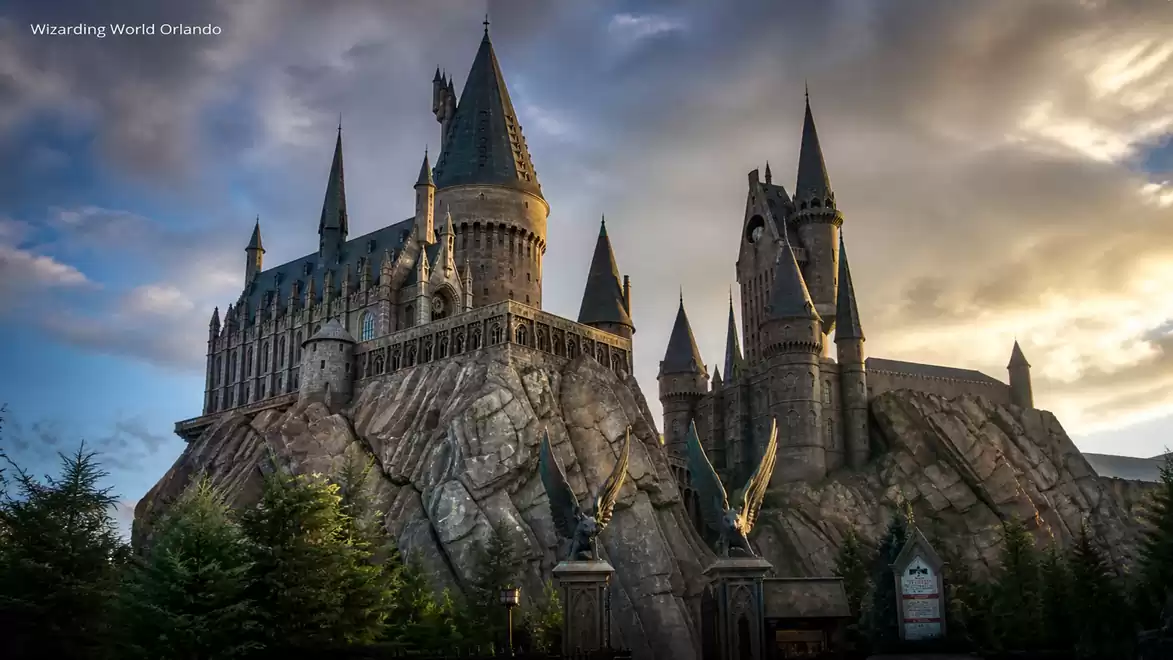 The Hogwarts castle at sunset in Universal Orlando theme park.