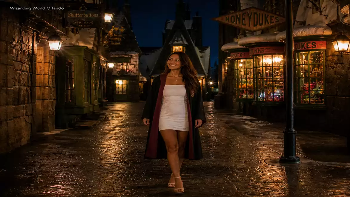 A woman walks through the illuminated Diagon Alley in the Harry Potter theme park at night, surrounded by historic facades and lanterns.
