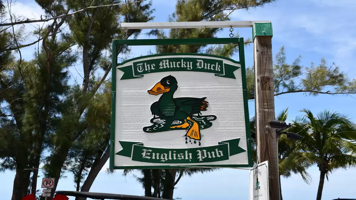 A sign reading 'The Mucky Duck English Pub' in a green frame with a duck in the center, surrounded by trees and a blue sky.