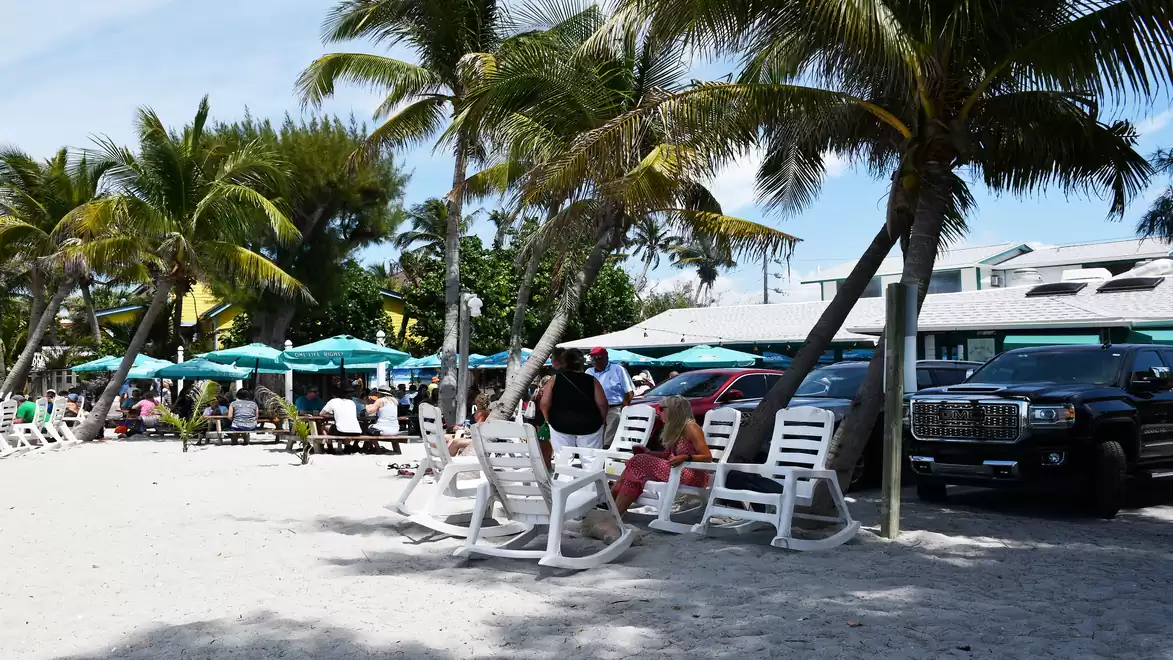 Beach with palm trees, lounge chairs, and people under umbrellas near a building.