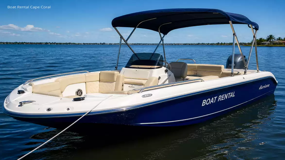 A blue motorboat with the inscription 'Boat Rental', floating on calm waters. It's sunny and a coastline is visible in the background.