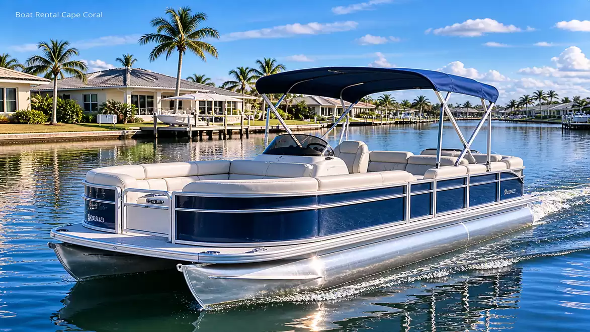 A modern pontoon boat cruising on a sunny canal with palm trees and houses on the shore.