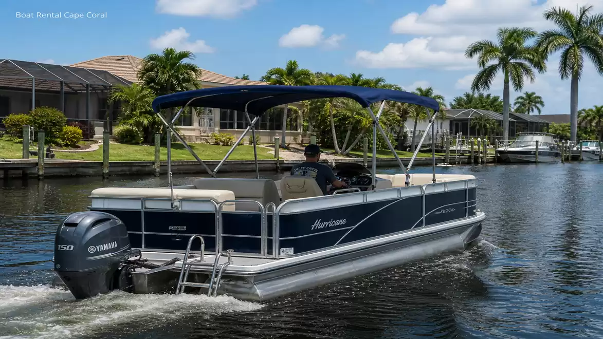 A pontoon boat with a blue canopy navigating a calm waterway in a sunny tropical setting.