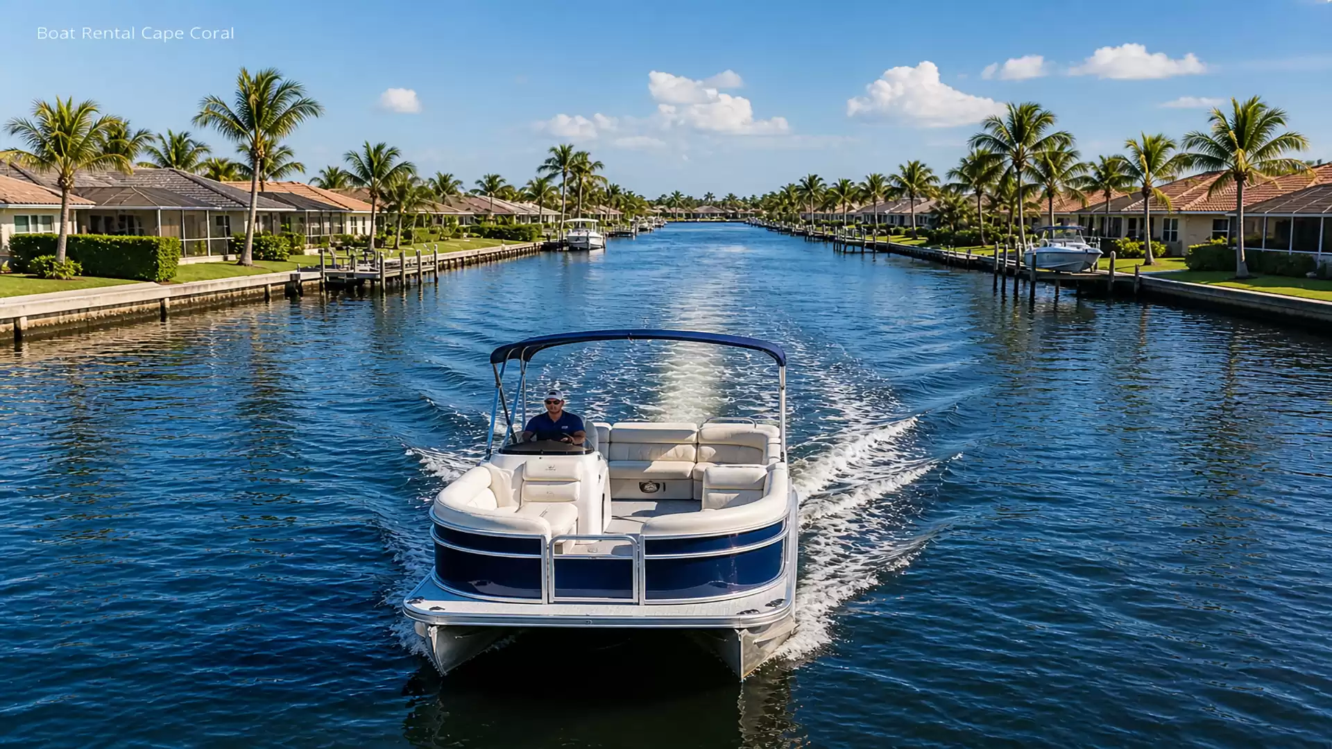 A boat travels down a canal in a residential area, lined with palm trees and houses in Cape Coral.