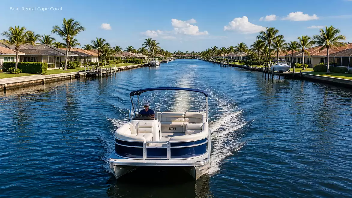 A boat travels down a canal in a residential area, lined with palm trees and houses in Cape Coral.