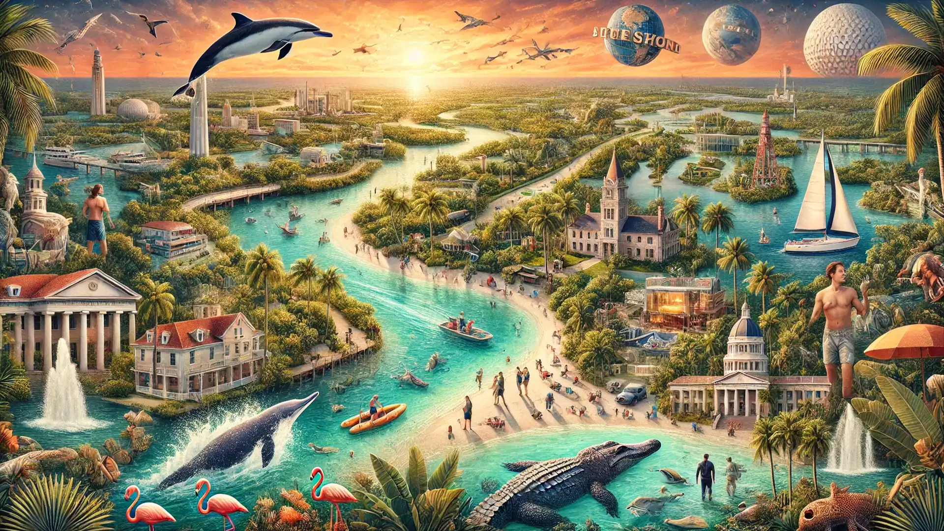 Fantastical landscape with river, exotic animals, and historic buildings at sunset.