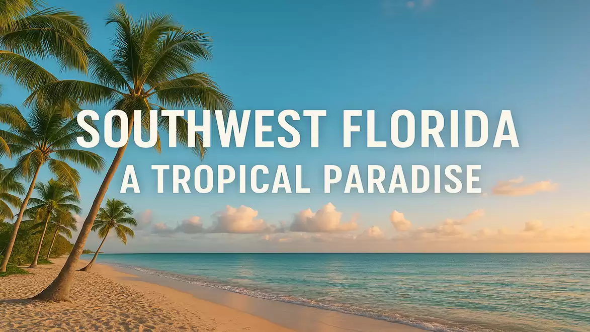 Beach in Southwest Florida at sunset with palm trees and calm sea, text: Southwest Florida, A Tropical Paradise