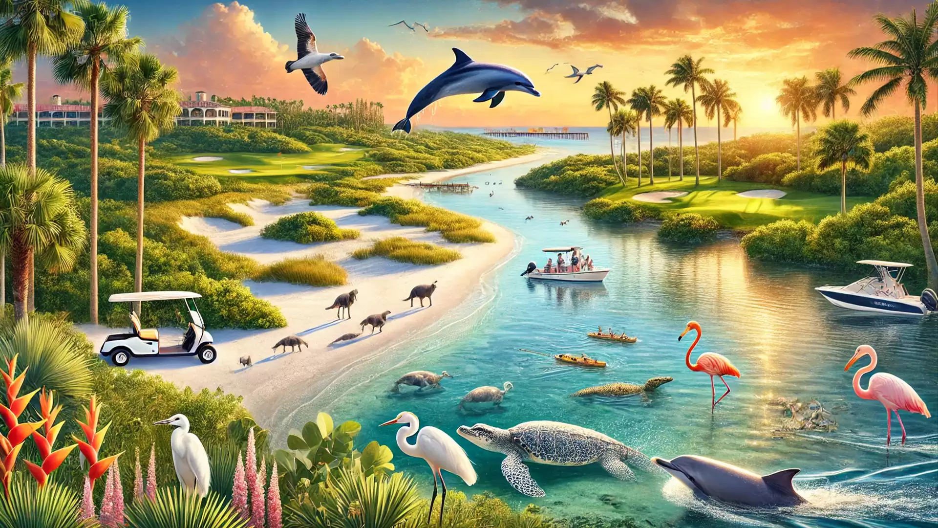 A vibrant tropical paradise with a river surrounded by palm trees and animals like dolphins, flamingos, and turtles, with people on boat trips at sunset.