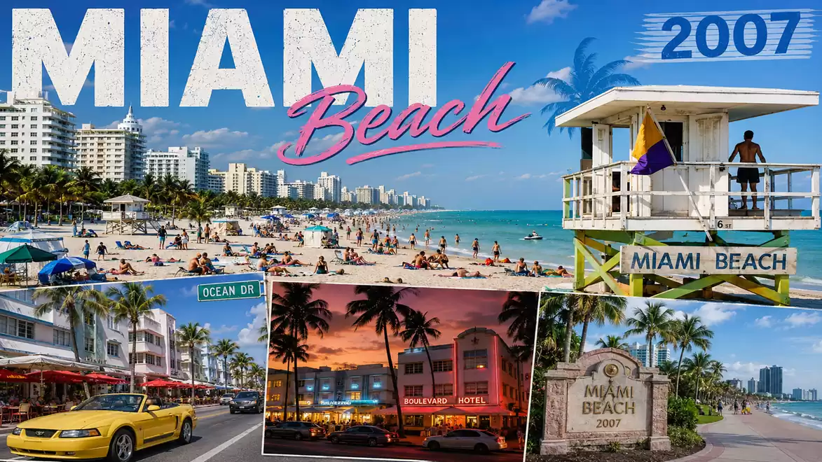 Collage of Miami Beach featuring beach scenes, a lifeguard tower, an Ocean Drive street sign, and hotels at night in 2007.