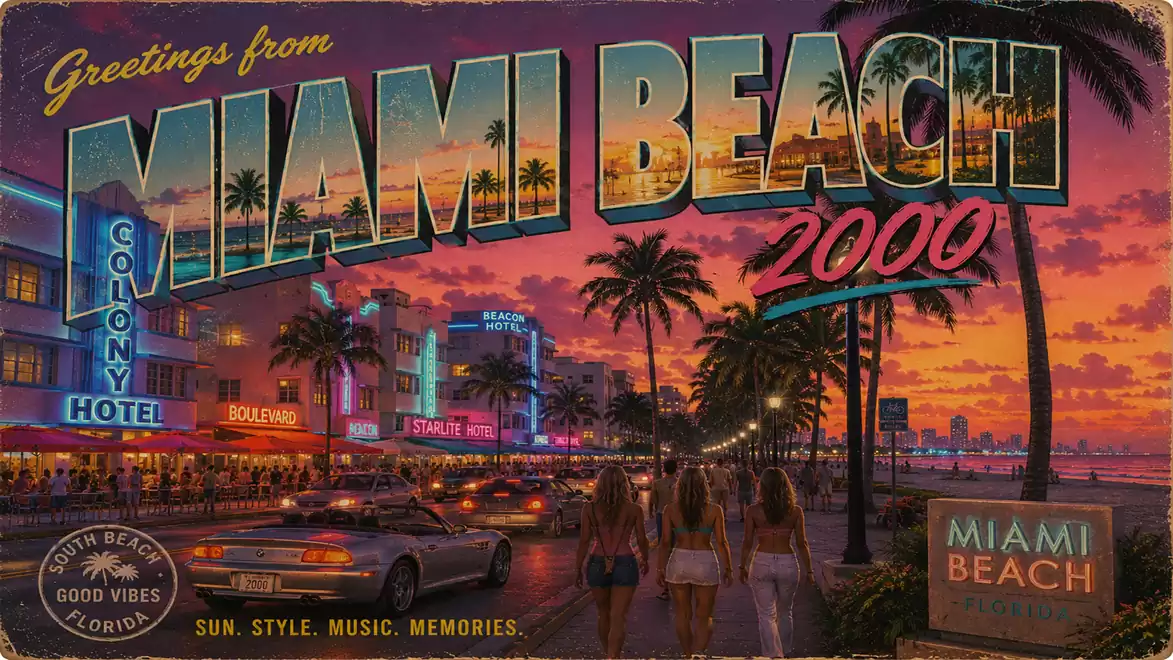 Retro postcard of Miami Beach 2000 featuring a palm-lined street, illuminated hotels, and vibrant nightlife at sunset.