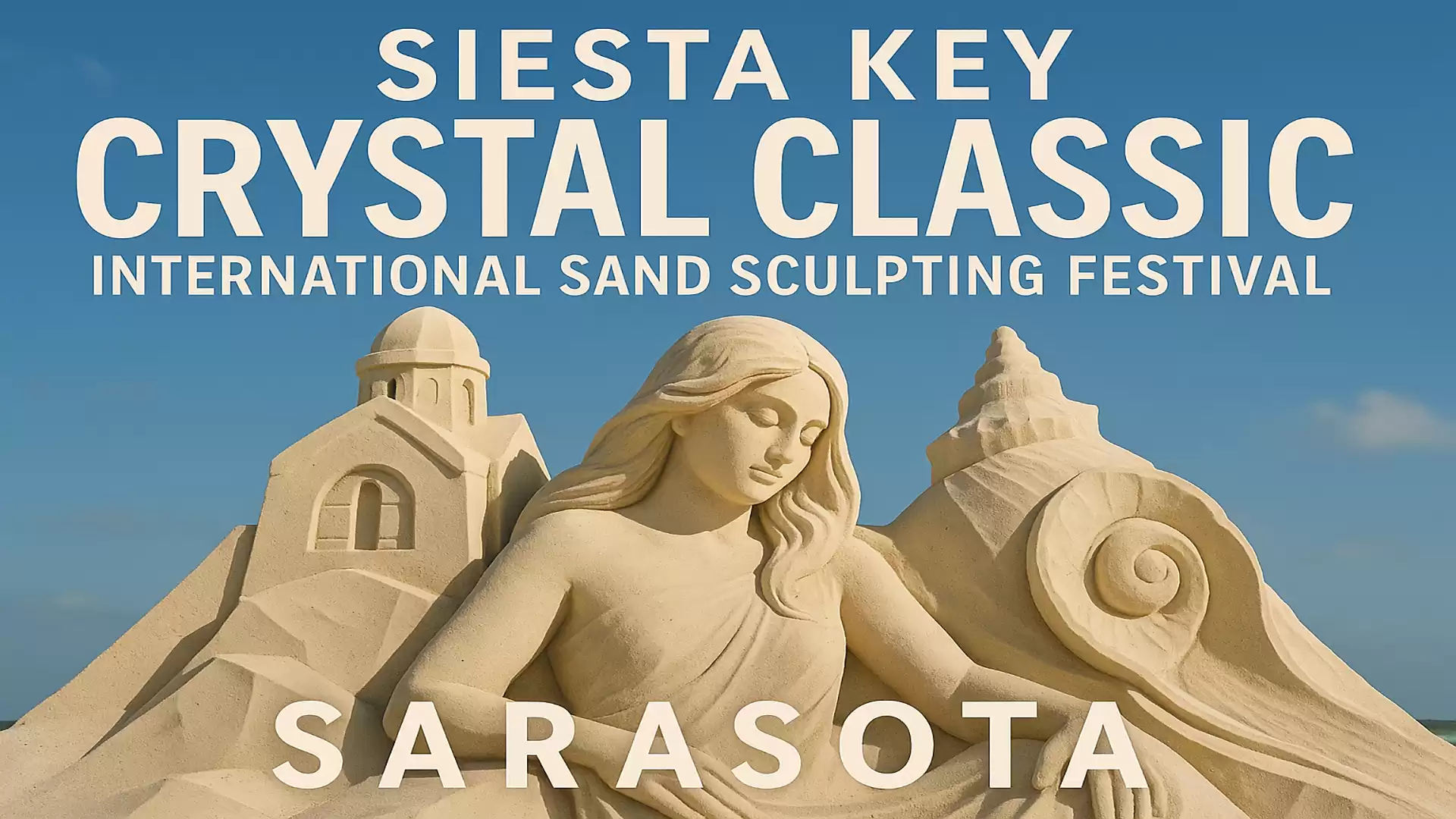 Sand artwork featuring a sculpture of a woman against a blue sky at the Siesta Key Crystal Classic Sand Sculpting Festival.