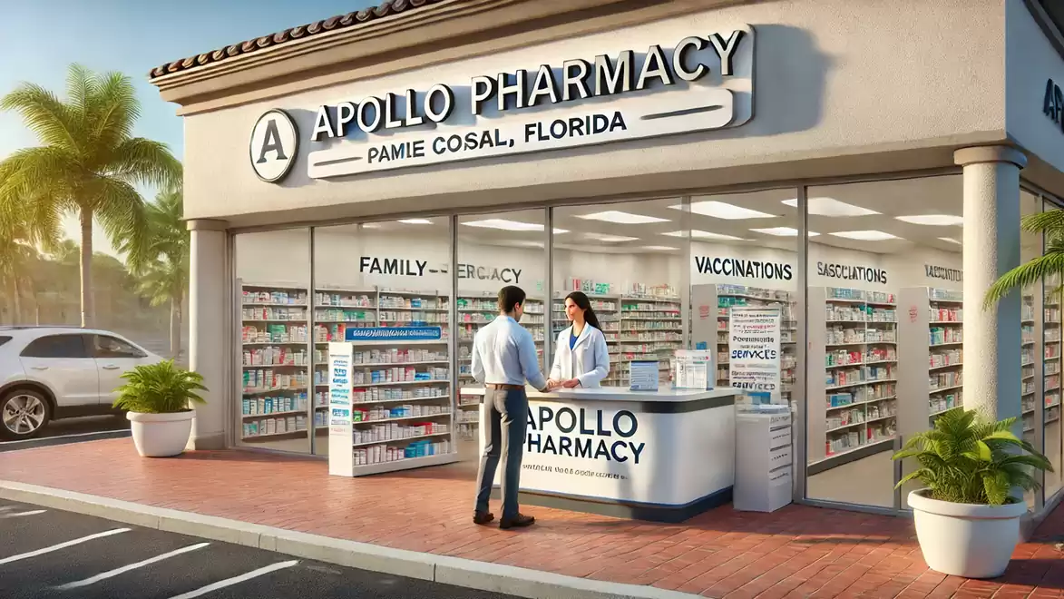 A pharmacy in Florida with a customer and a pharmacist at the counter.