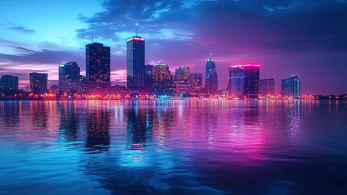 Urban city skyline at night with colorful lights reflecting on the water.