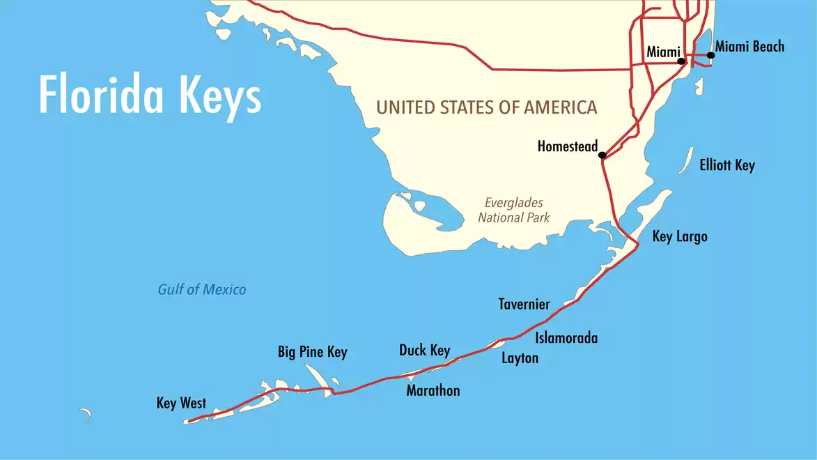Map of the Florida Keys, showing various islands and cities like Key West, Marathon, and Key Largo, connected by a main road from Miami.