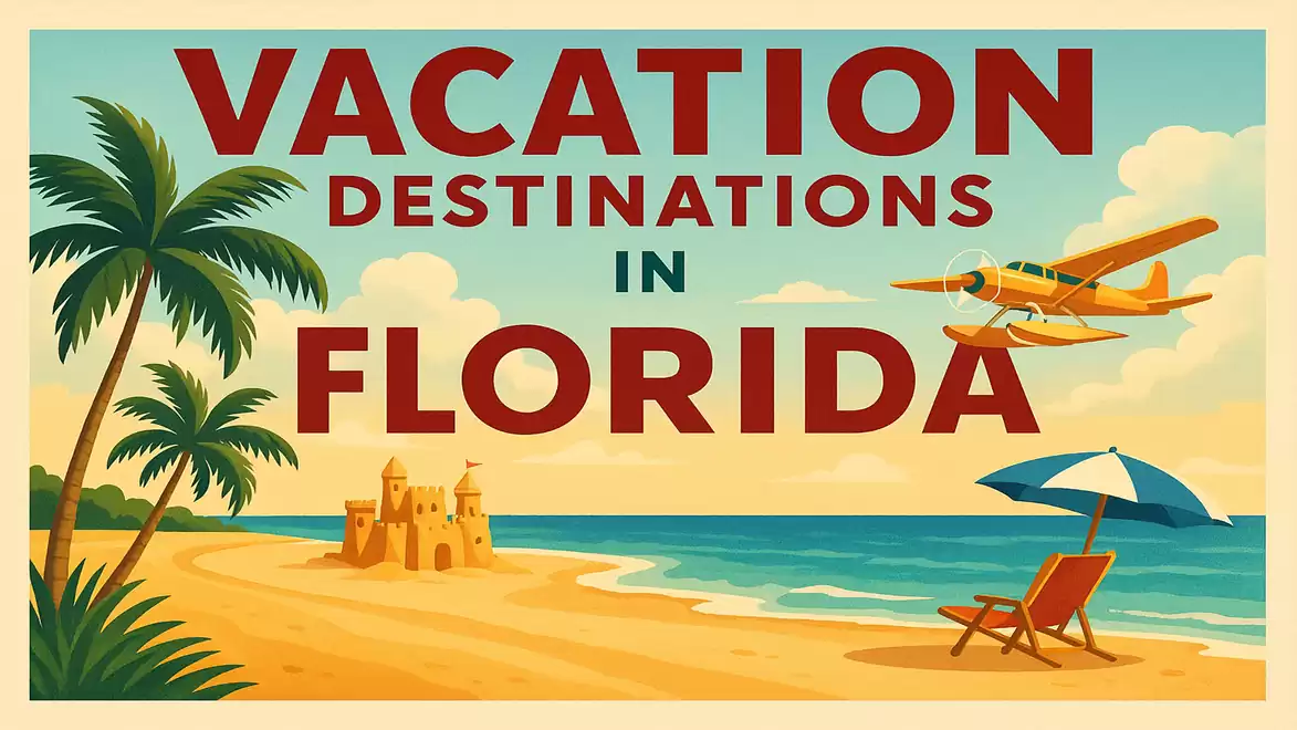 Retro travel poster with the text 'Vacation Destinations in Florida', featuring a beach with a palm tree, sandcastle, lounge chair, umbrella, and a seaplane in the background.