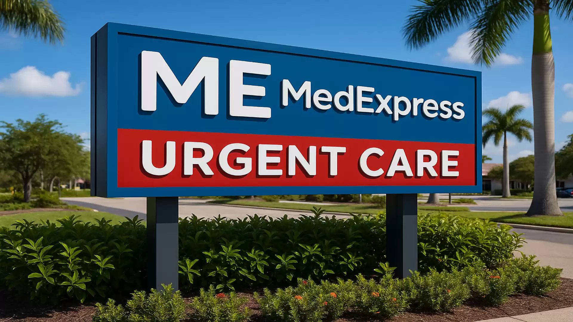 A street sign for an urgent care clinic named MedExpress with blue and red lettering, surrounded by green plants and palm trees in the background.