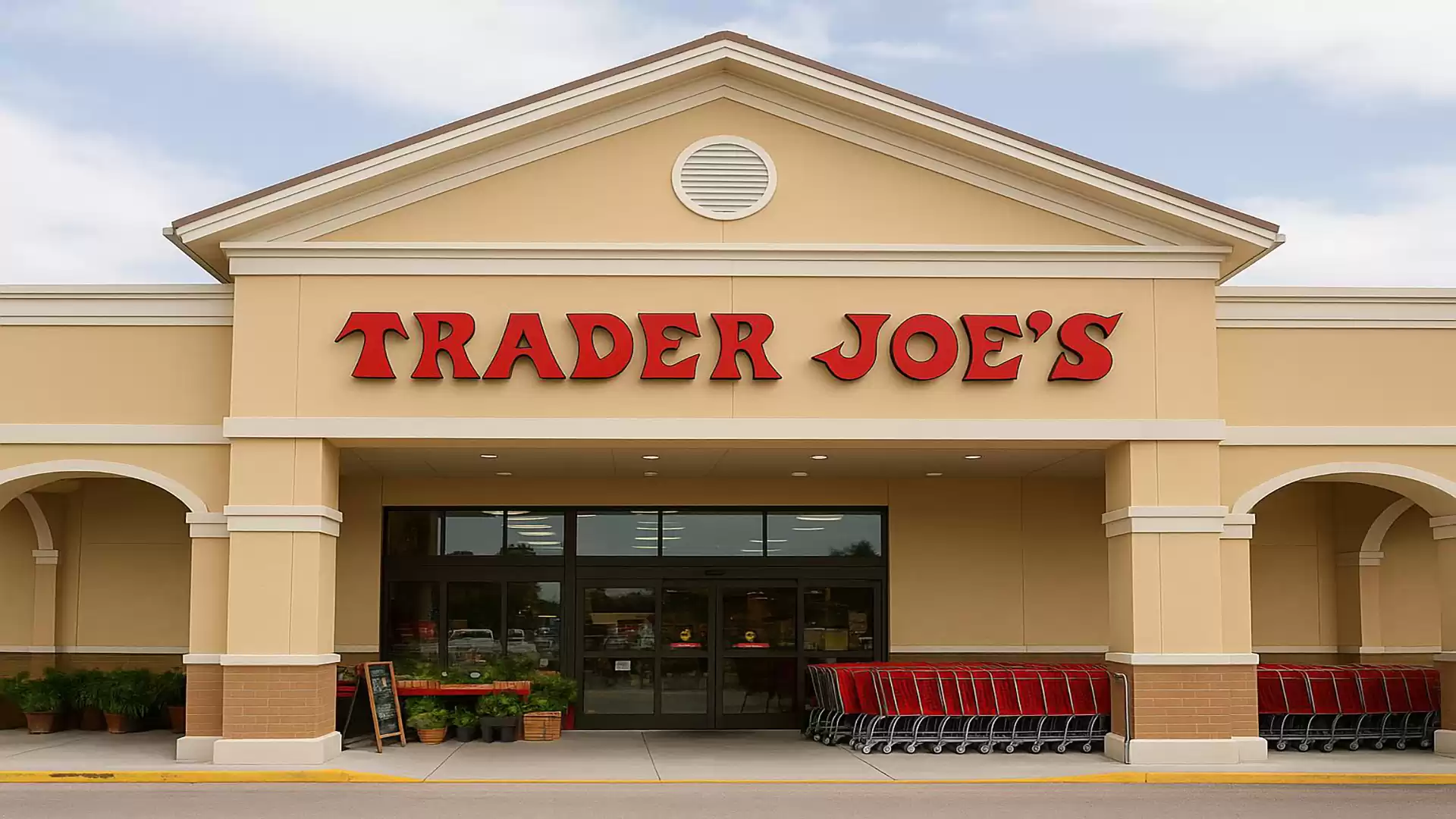 Entrance of a supermarket with a large red sign 'Trader Joe's' above the entrance. Shopping carts are visible to the right of the entrance.