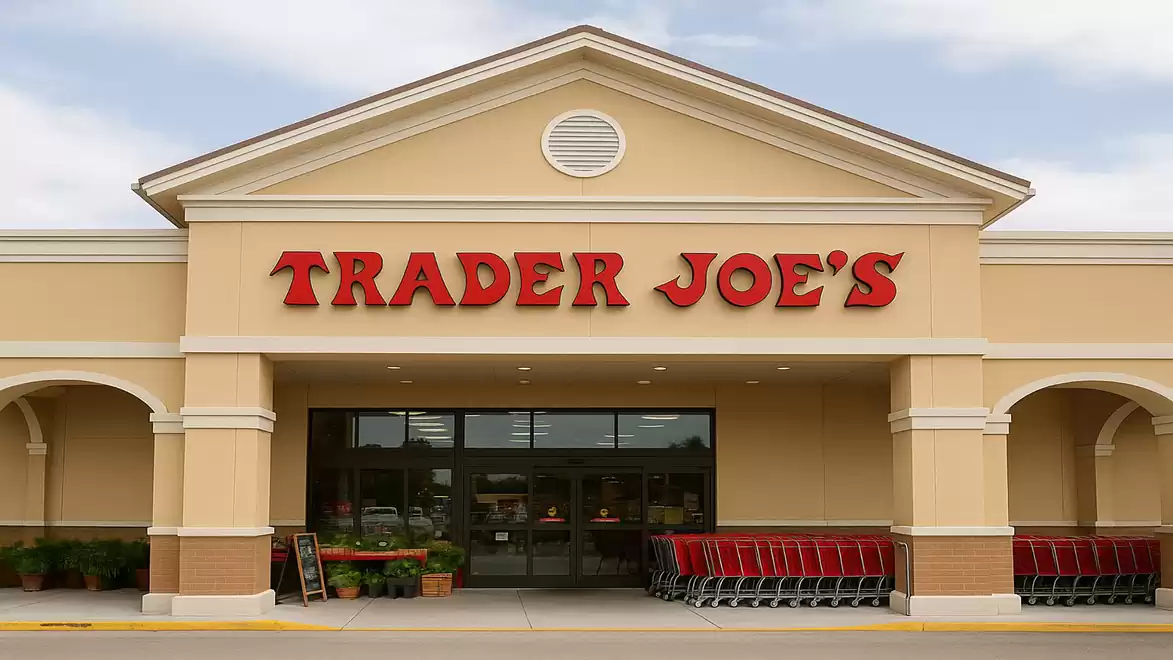 Entrance of a supermarket with a large red sign 'Trader Joe's' above the entrance. Shopping carts are visible to the right of the entrance.