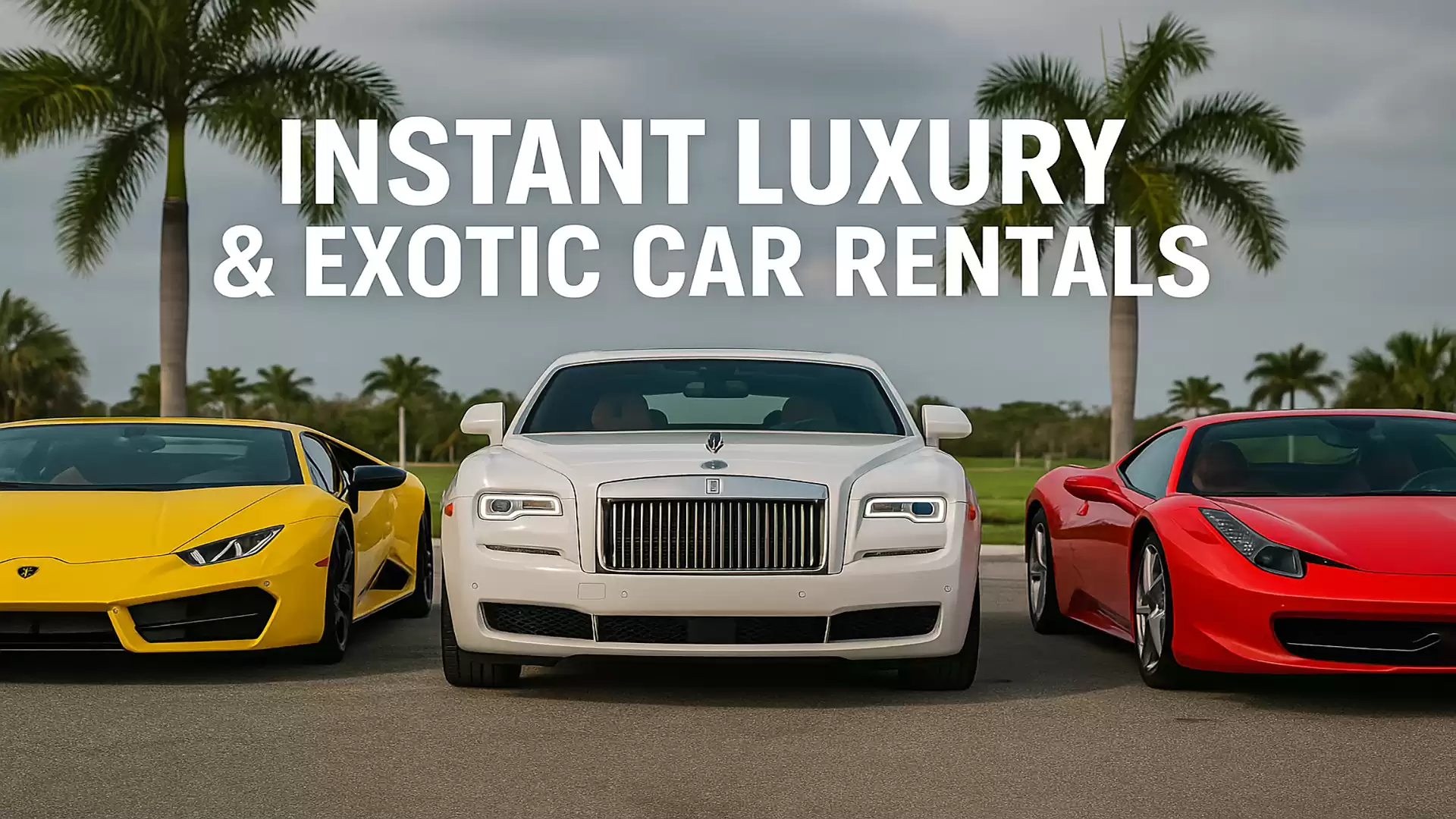 Three luxury cars, a yellow Lamborghini, a white Rolls-Royce, and a red sports car, in front of palm trees with the text 'Instant Luxury & Exotic Car Rentals'.