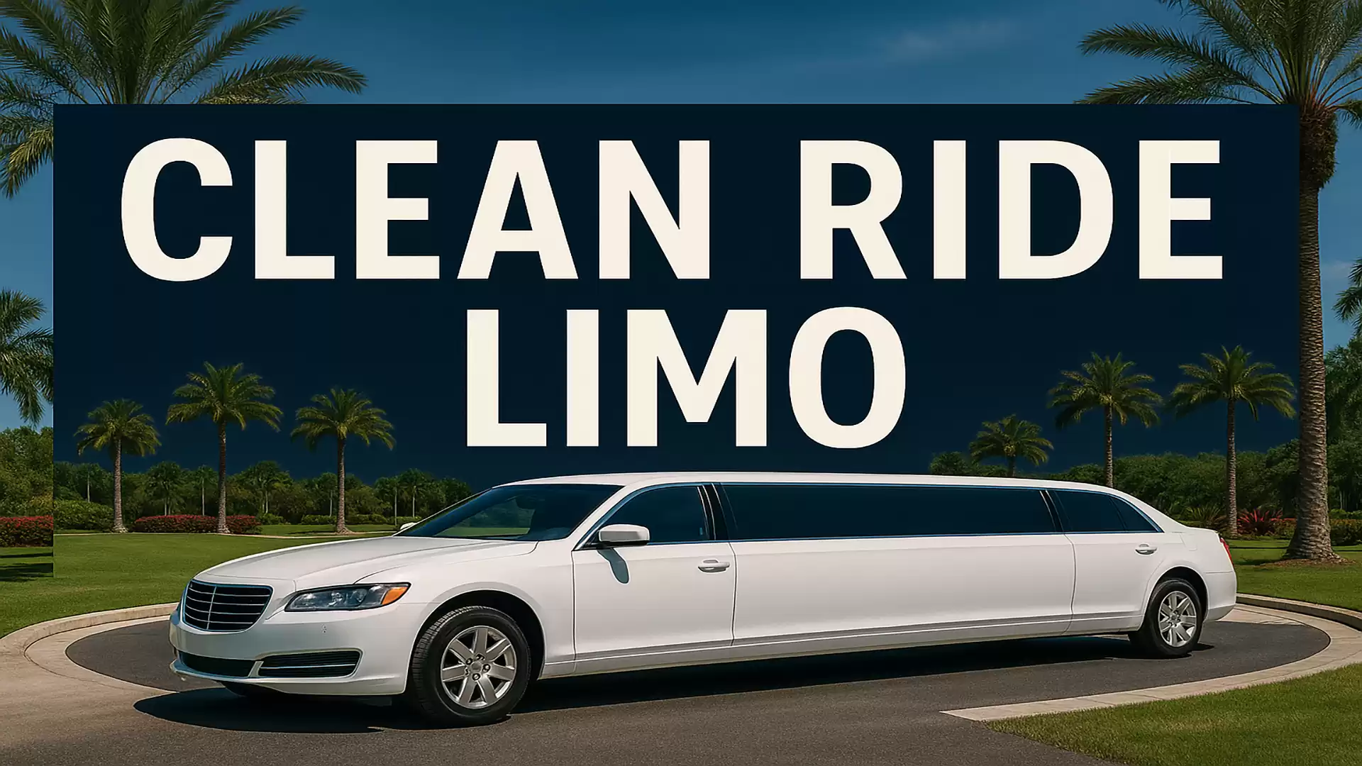 Image of a white limousine on a road with palm trees in the background and the text 'Clean Ride Limo' above.