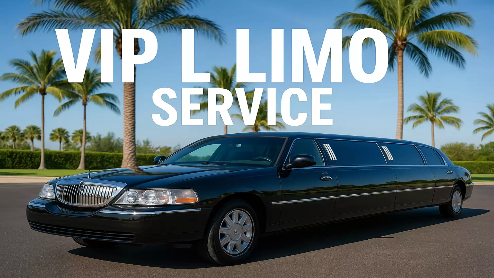 Black limousine in front of palm trees with the text 'VIP Limo Service'.
