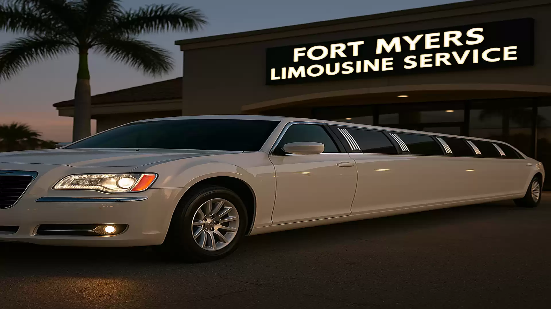 White stretch limousine in front of a building with the sign 'Fort Myers Limousine Service'.