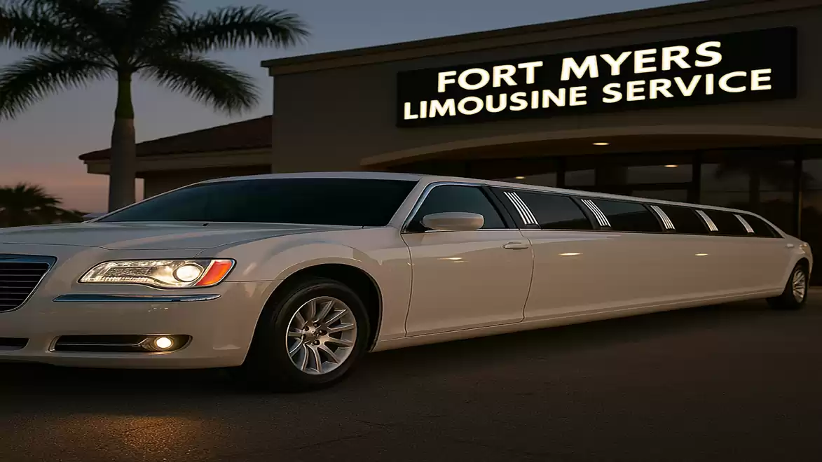 White stretch limousine in front of a building with the sign 'Fort Myers Limousine Service'.