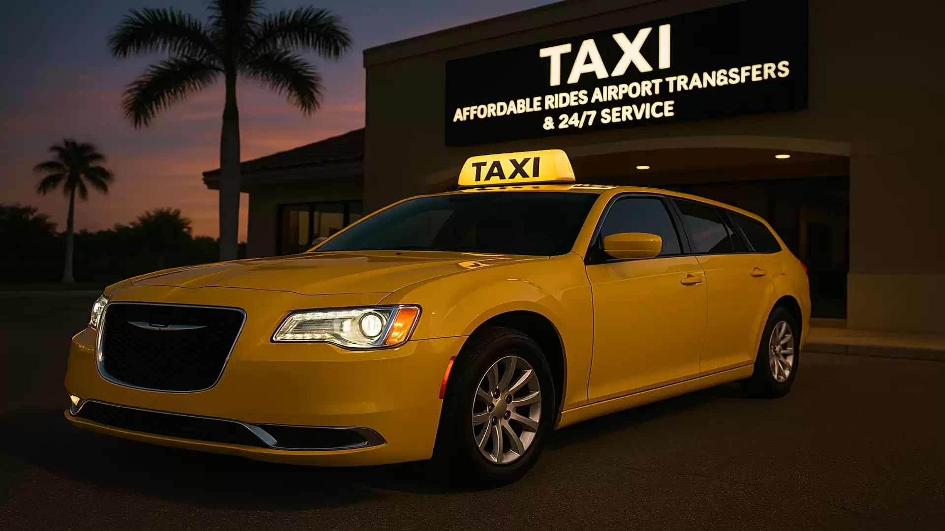 Yellow taxi in front of a building with palm trees in the background at dusk.