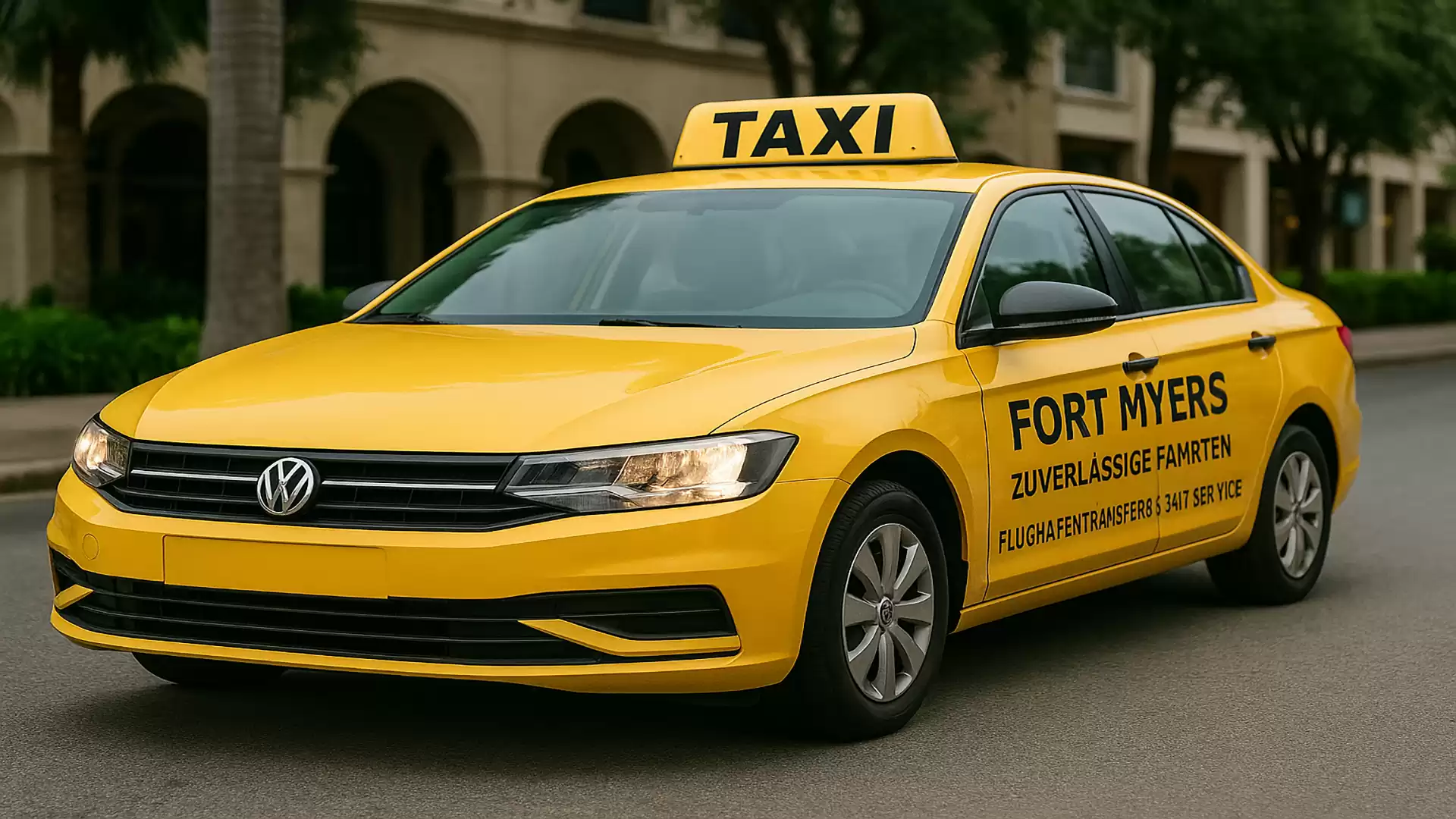 Yellow taxi with 'Fort Myers' written on it, parked on a street.