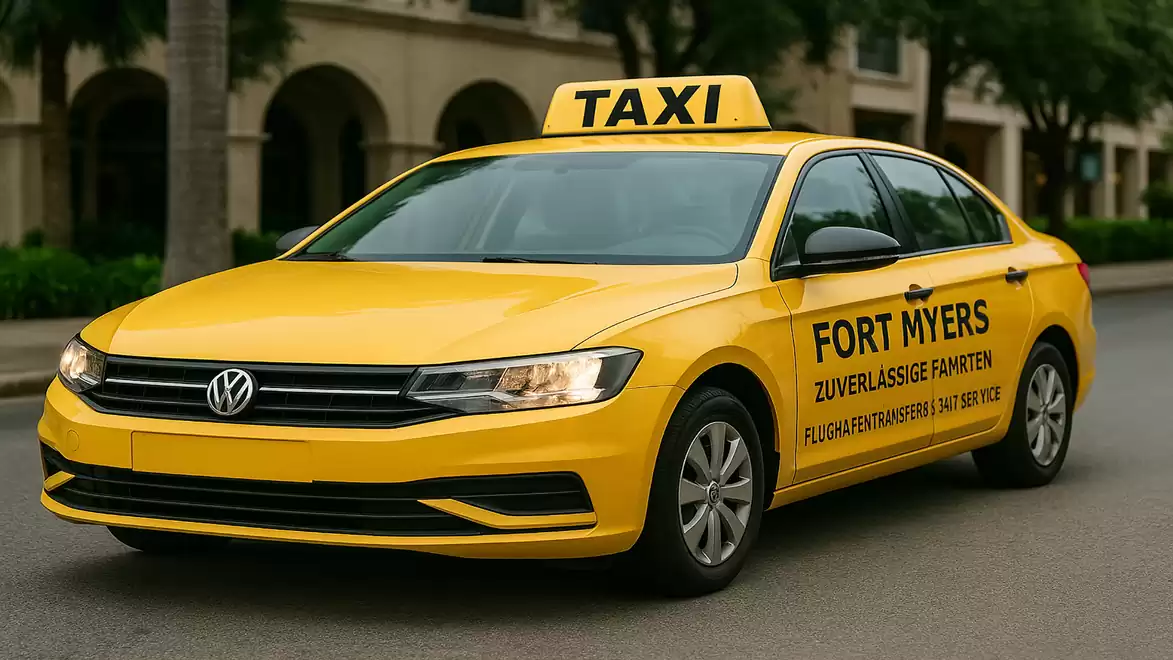 Yellow taxi with 'Fort Myers' written on it, parked on a street.