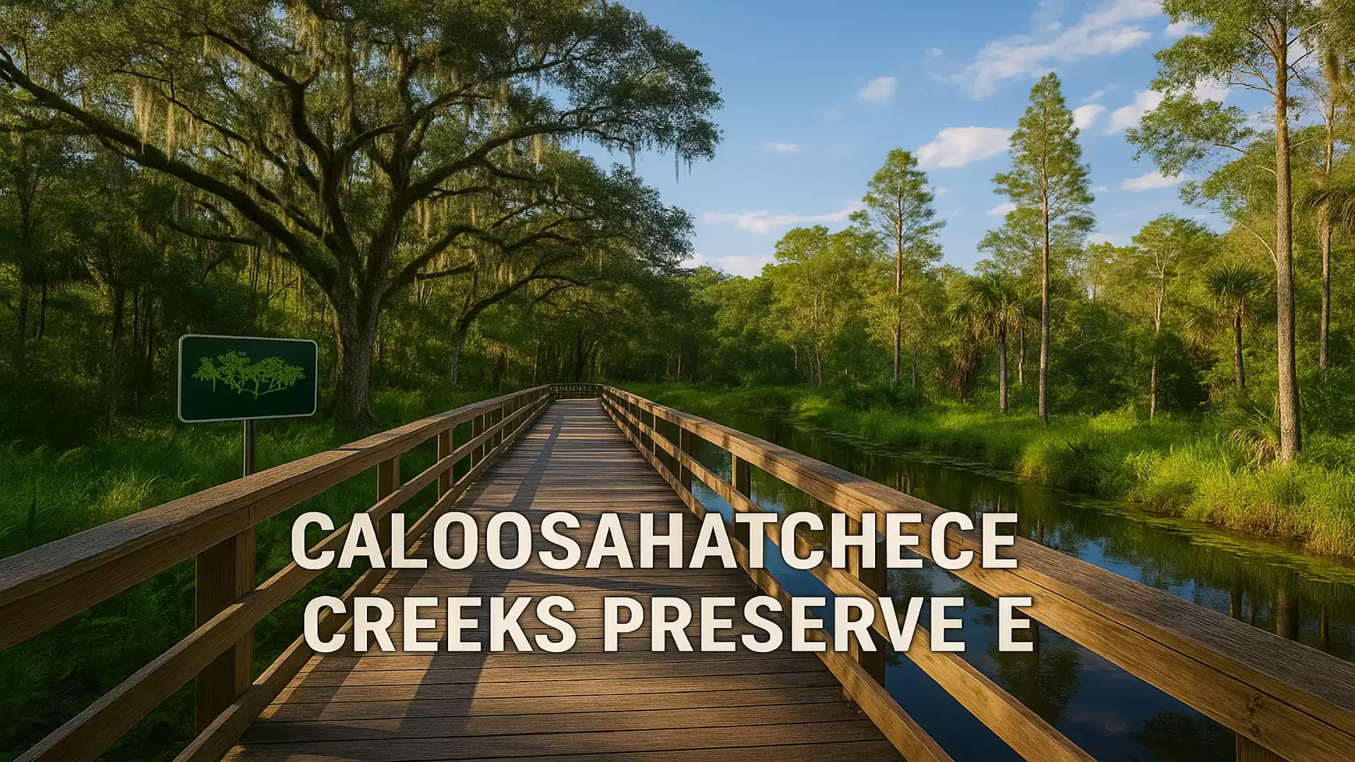 Wooden boardwalk in Caloosahatchee Creeks Preserve with lush greenery and blue sky.