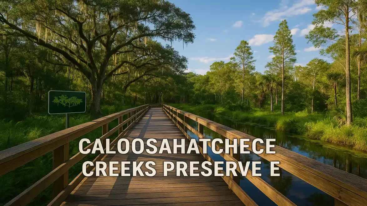 Wooden boardwalk in Caloosahatchee Creeks Preserve with lush greenery and blue sky.