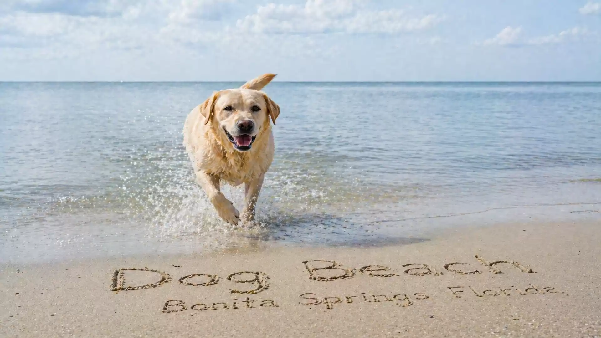 A happy dog runs out of the water at 'Dog Beach' in Bonita Springs, Florida. The sky is partly cloudy and the sea is calm.