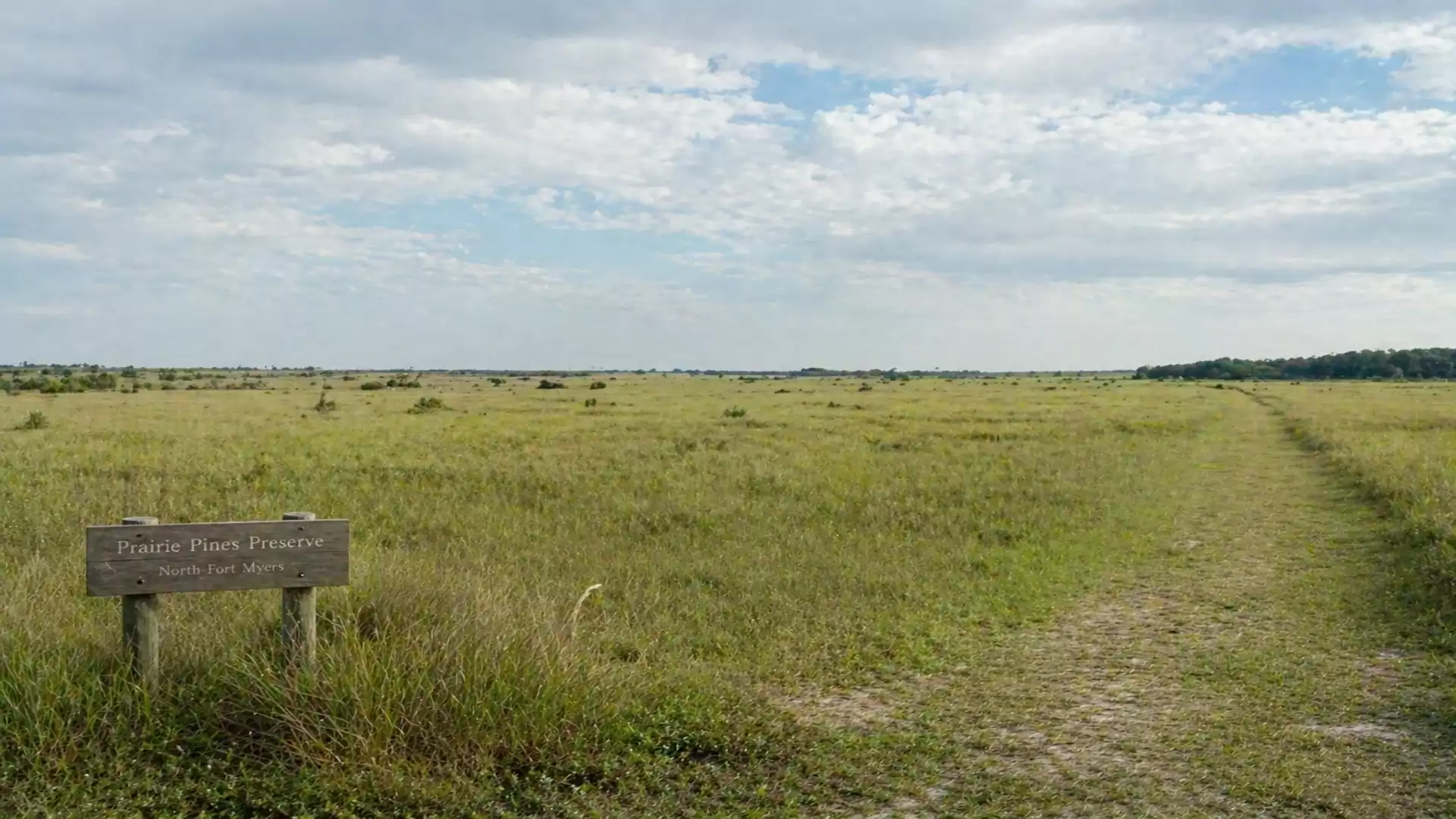 Expansive grassland under a cloudy sky with a sign on the left side.