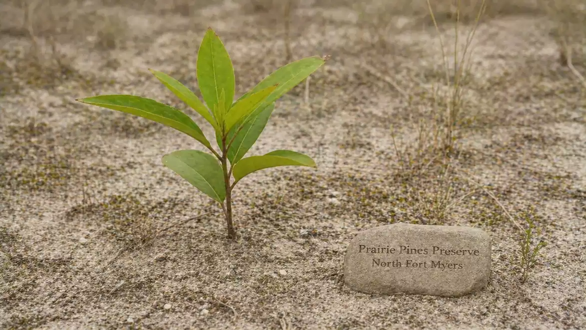 Young tree in Prairie Pines Preserve with a small rock beside it.