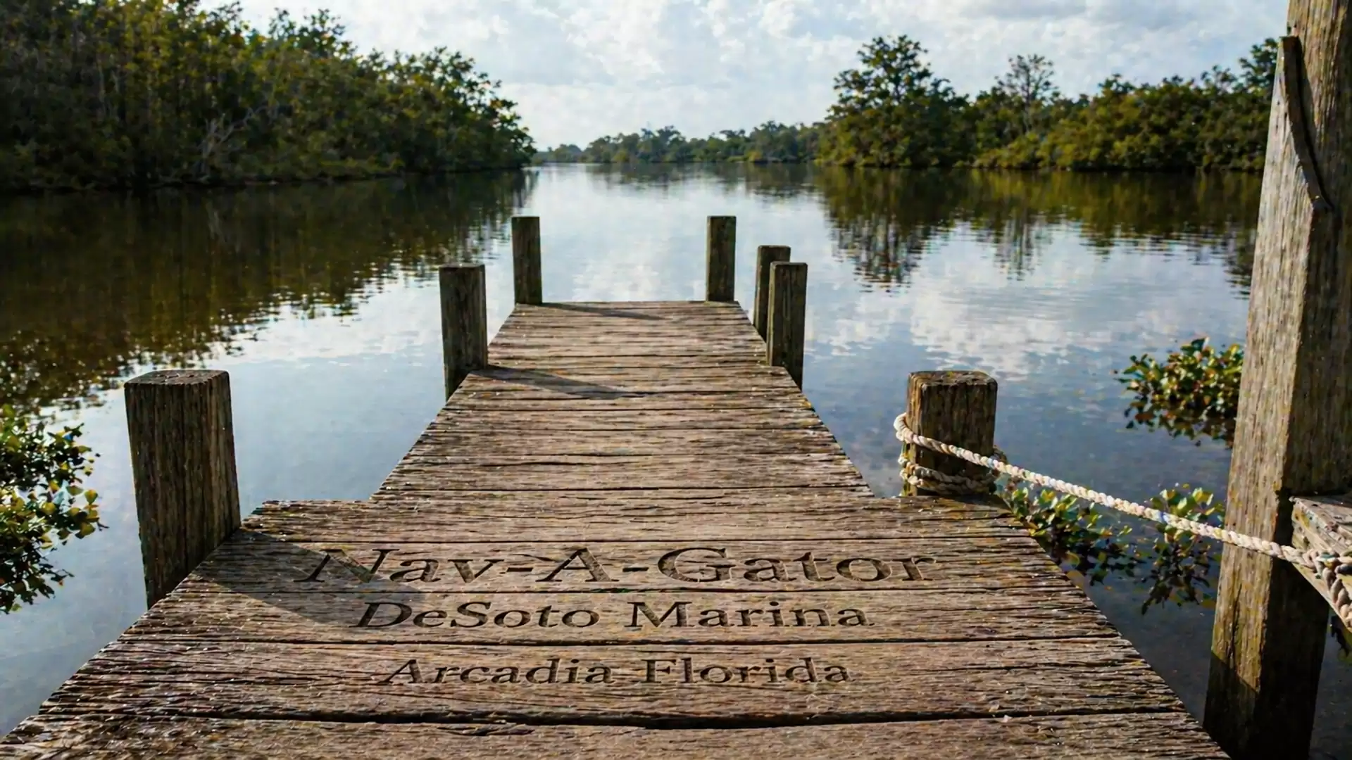 Wooden dock on a calm river with trees on both banks and a cloudy sky, Nav-A-Gator DeSoto Marina in Arcadia, Florida.