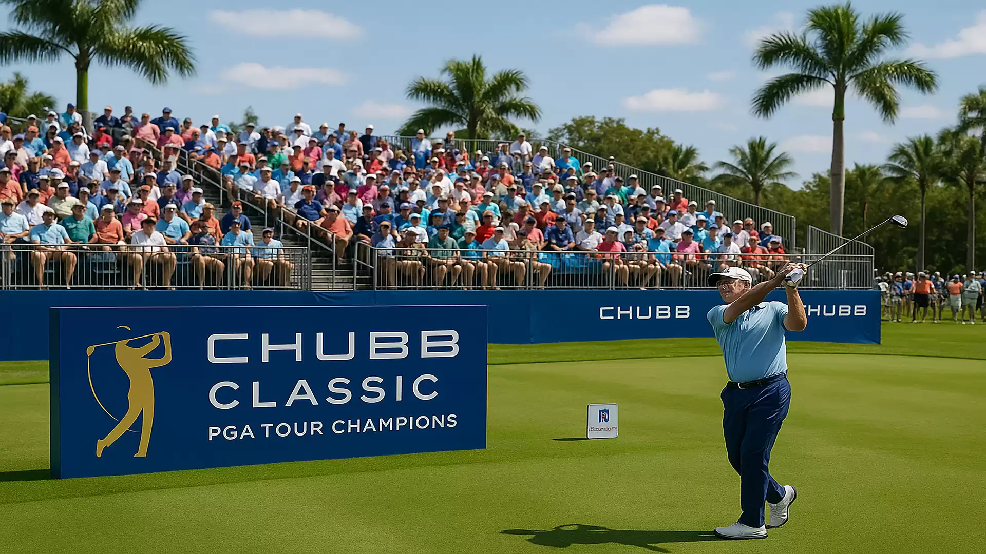 A golfer swings his club in front of a large crowd at the Chubb Classic. The tournament takes place on a well-maintained golf course surrounded by palm trees.