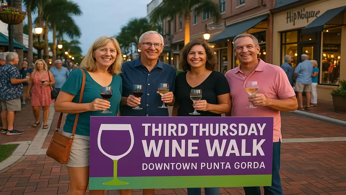 Four people holding wine glasses and a sign saying 'Third Thursday Wine Walk, Downtown Punta Gorda' in a busy pedestrian area.