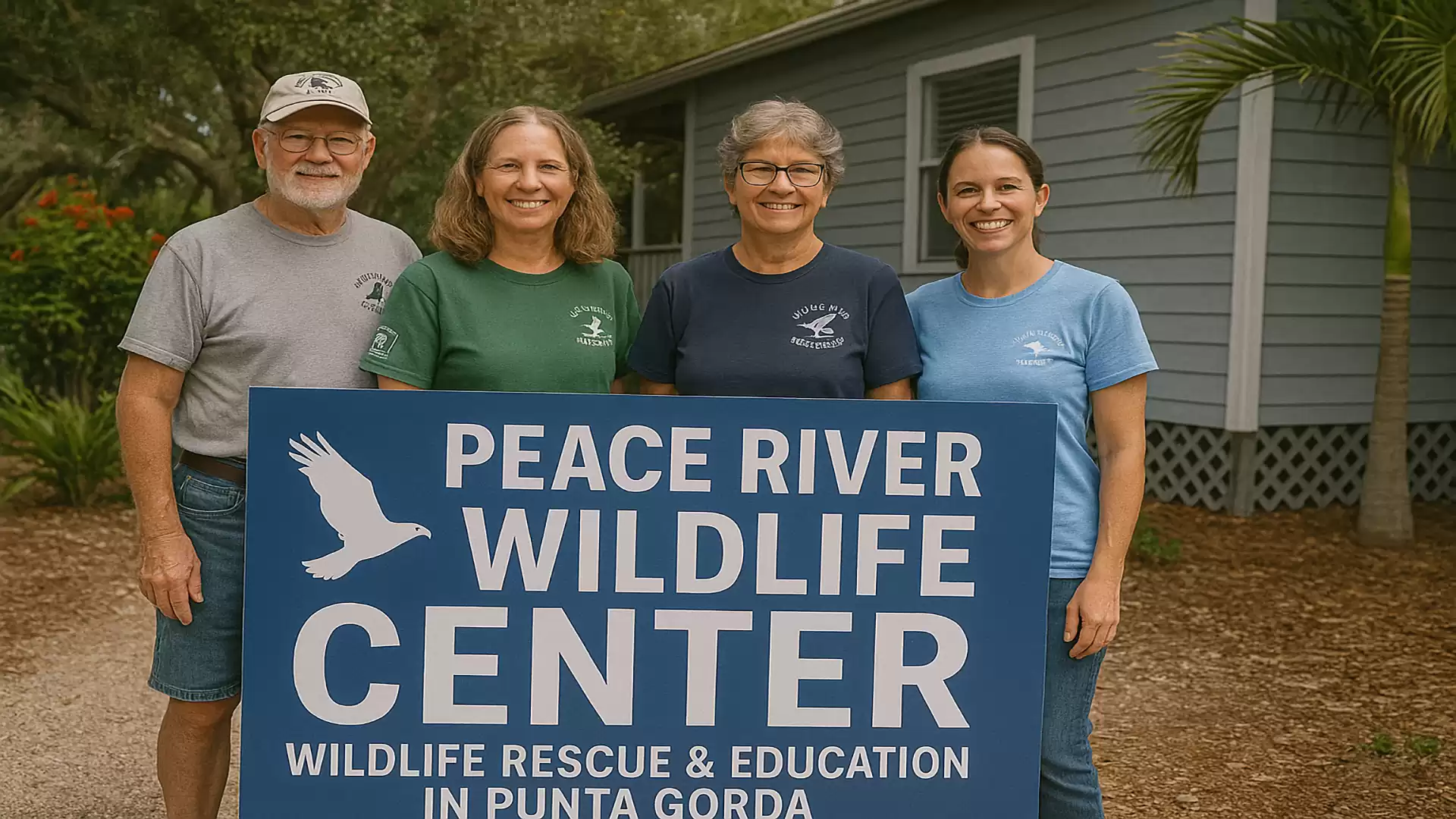 Four people stand in front of a sign for the Peace River Wildlife Center in Punta Gorda.
