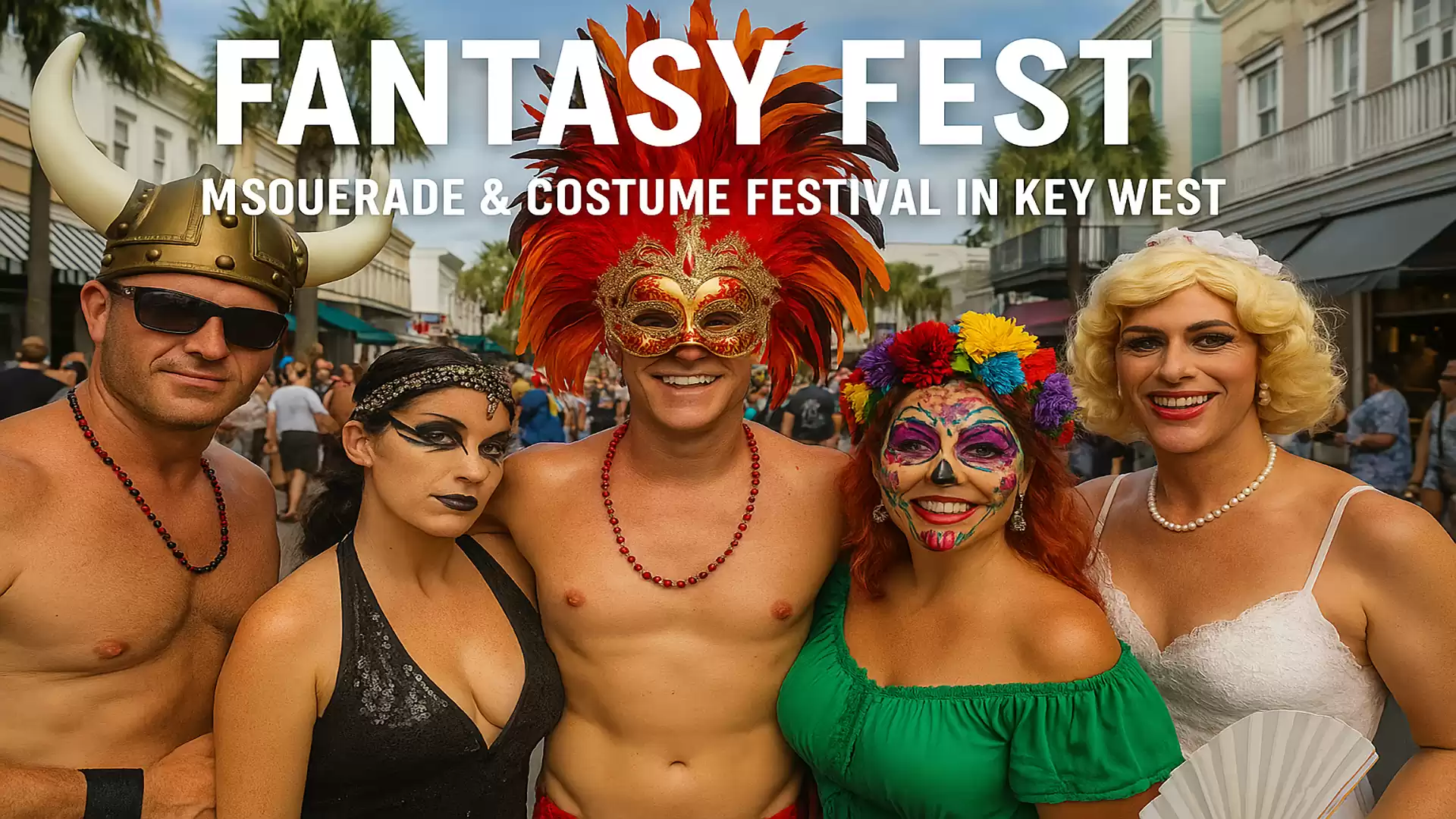 Group of people in colorful costumes at the Fantasy Fest in Key West.